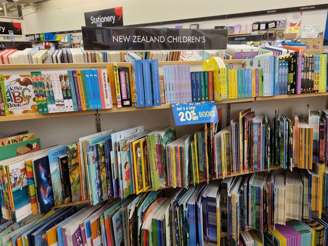 Children's books on a bookshop shelf