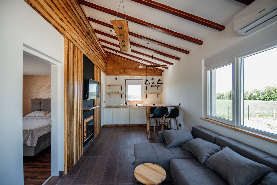 A modern kitchen and living area